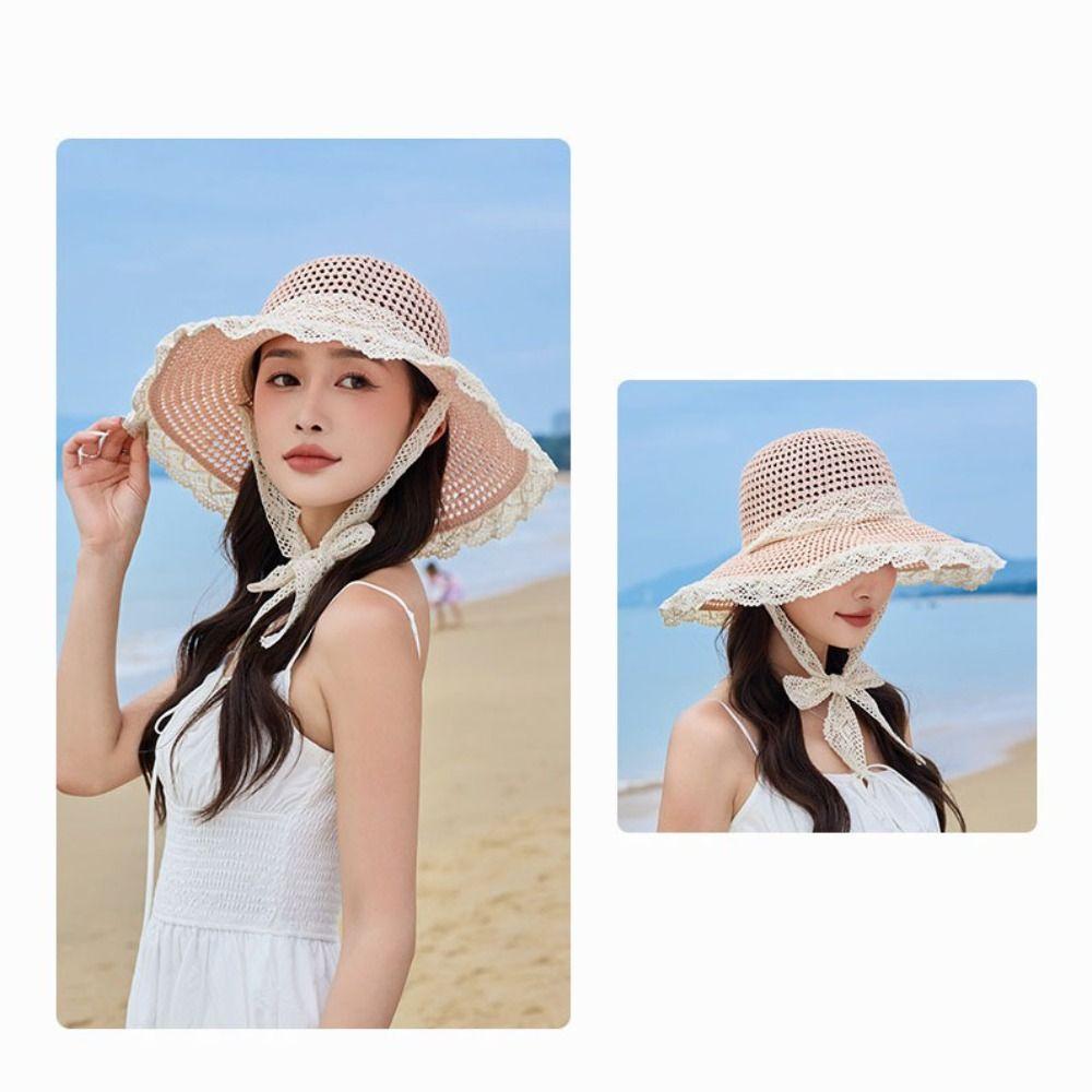 Breathable Lace Tied Sun Hat Large Brim UV Protection Cap Sweet Women Straw Hat  Travel