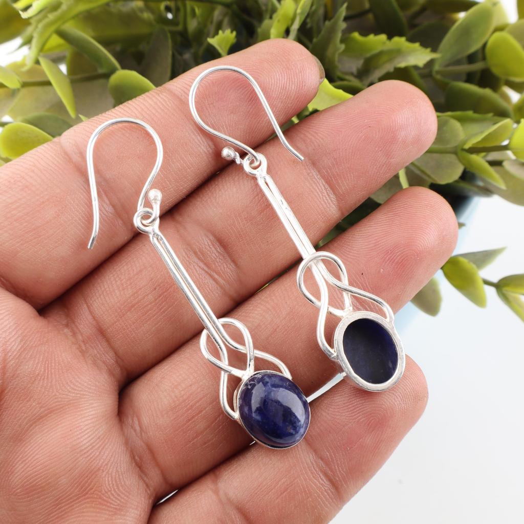 Sodalite Gemstone Earrings, 925 Solid Sterling Silver Jewelry, Handmade Beautiful Earrings For Wedding Gift