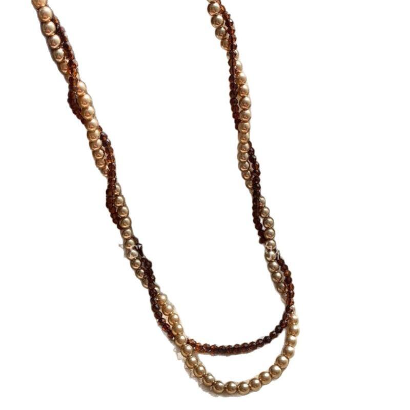 Retro Brown Pearl Double Layer Necklace for Women Girls Light Luxury Design Stacking Pendant Necklaces Party Jewelry Accessories