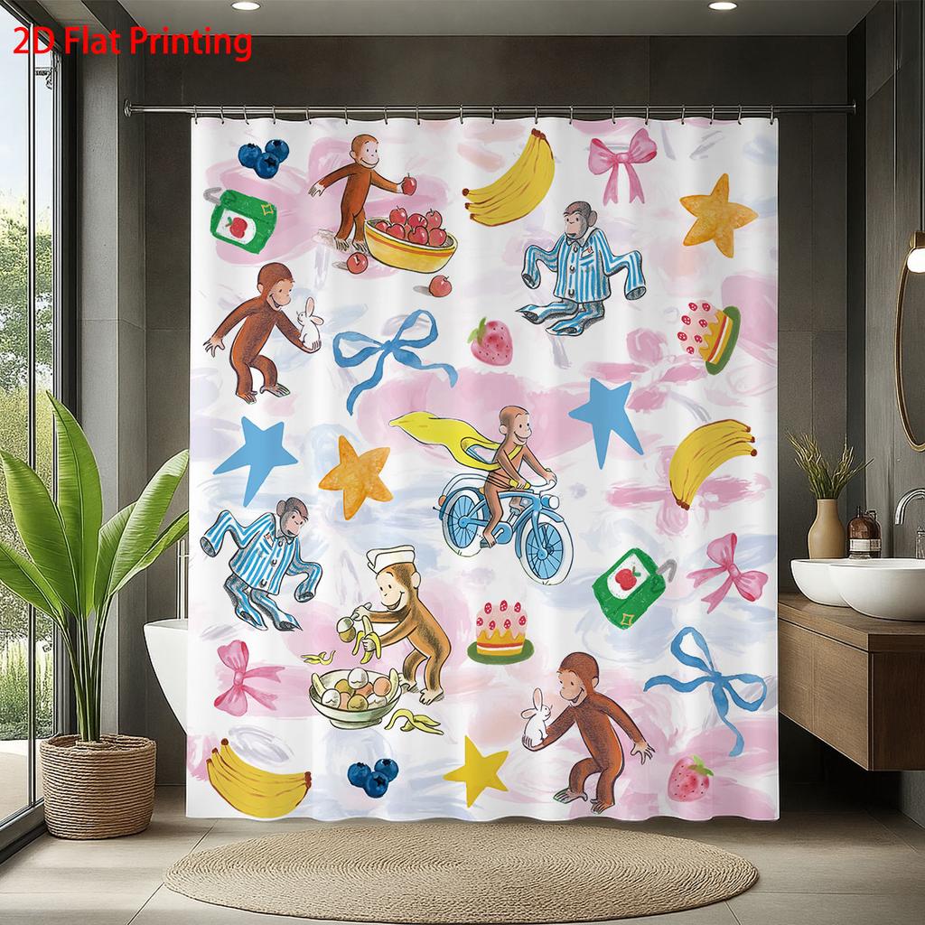 1pc Color Cartoon Monkey Print Waterproof Shower Partition Privacy Hanging Curtain 12 Hook Multiple Size Easy Installation