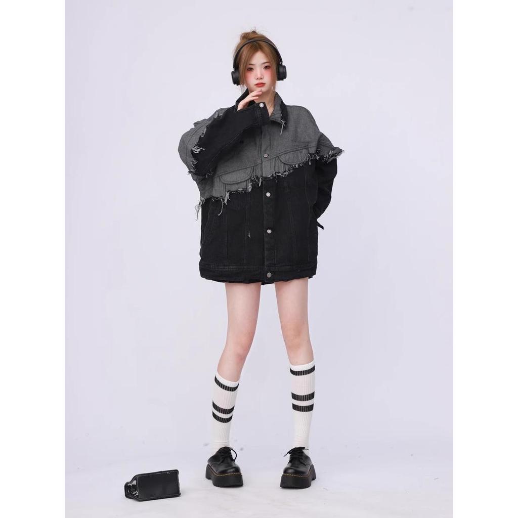 Unisex Schwarze Denim Patchwork Jacke - Lässiger Retro-Stil für Frühling/Herbst 2026