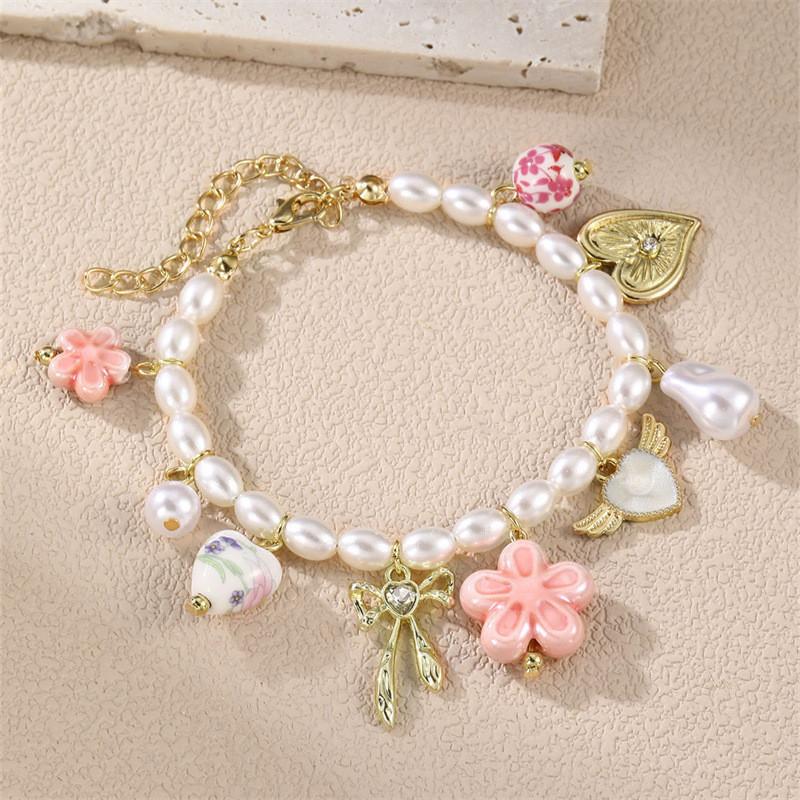 Geometric Heart Pendant Necklace And Bracelet Set For Women With Pearl And Alloy Jewelry