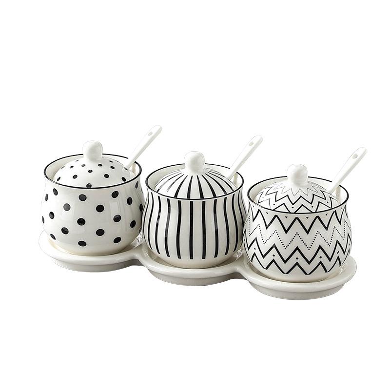 Ceramic Spice Jar Set Home Kitchen Salt Pepper Oil Chili Container Combo