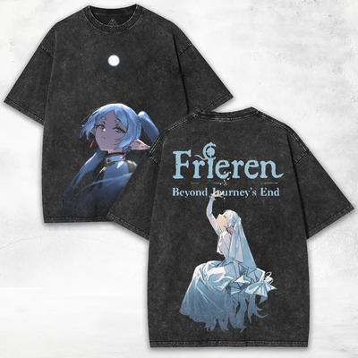 Frieren – Nach dem Ende der Reise Anime Kleidung Herren Damen Baumwolle T-Shirts Kurzarm Gewaschenes T-Shirt Vintage T-Shirt Harajuku Oberteile