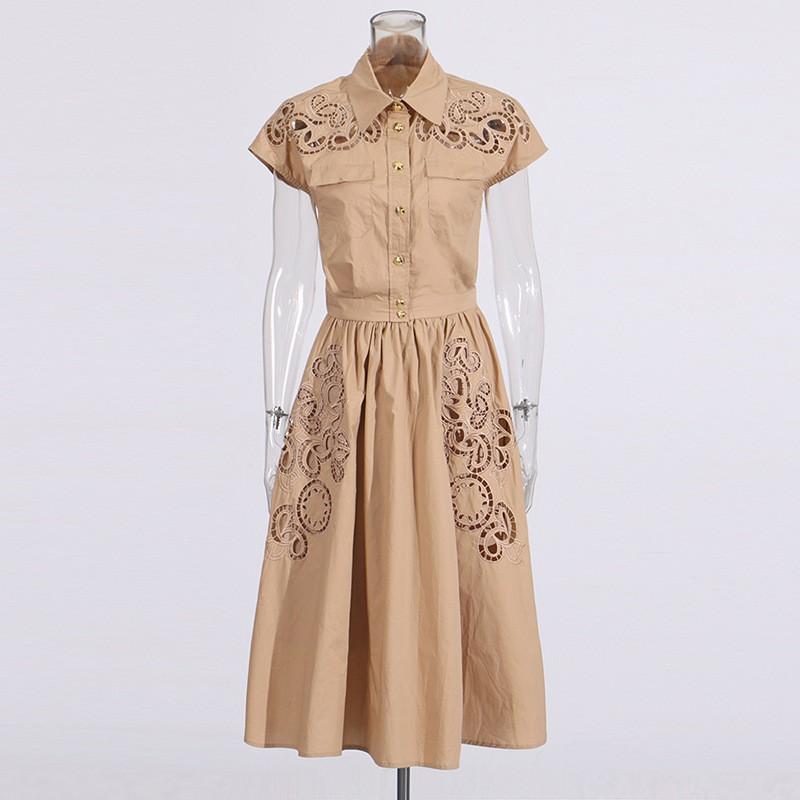 French Retro Women's Clothing Suit Lapel Short-sleeved Single-breasted Top Embroidered Hollow Skirt Women