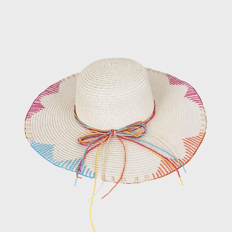 Wide Brim Straw Hat 11.5cm Raffia Paper Rope Sun Cap Women Summer Beach Fedora Bohemian Colorful Stitching UV Protection Holiday