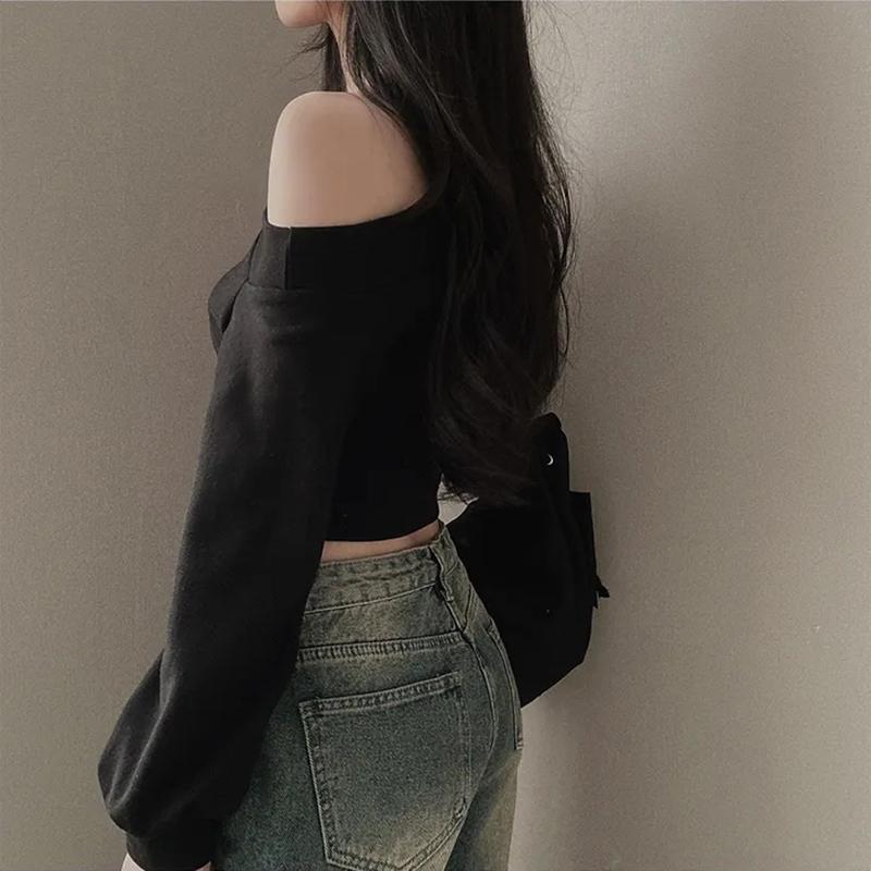 Harajuku Kvinnor Oregelbundna Off Shoulder Huvtröjor Långärmade Sexiga Magtoppar Y2k Streetwear Pullovers Sweatshirt 2024 Höst Vinter