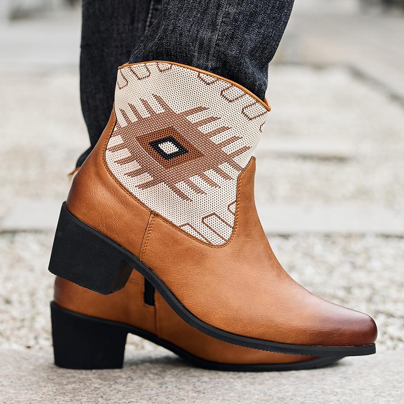 Men's Embroidered Western Boots Large Size 46 High Heel Cowboy Boots Men Handmade Leather Boots Male Designer Retro Short Boots