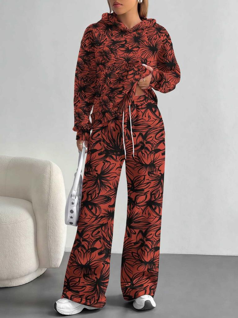 European and American Autumn and Winter Casual Long-sleeved Suit Women's Hooded Sweater Trousers Two-piece Set Retro Elements