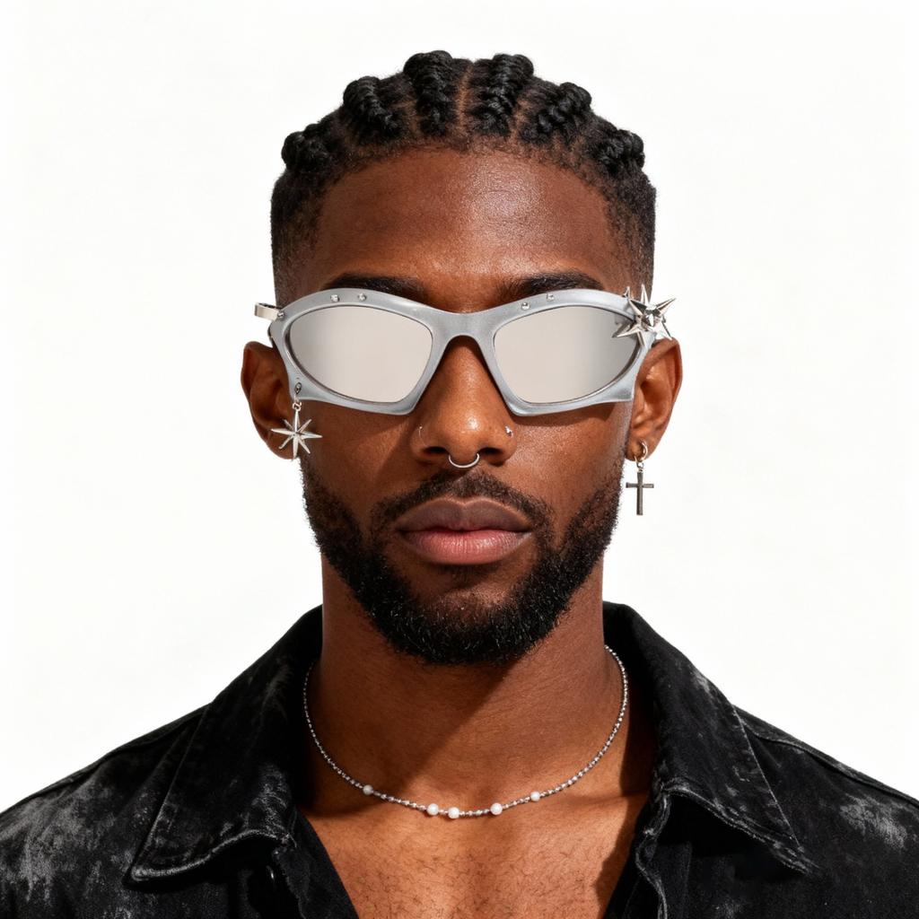 Trendy punk-style black sunglasses, unisex, with a unique cat-eye design, embellished with rhinestones, rivets, and a metal starburst pendant