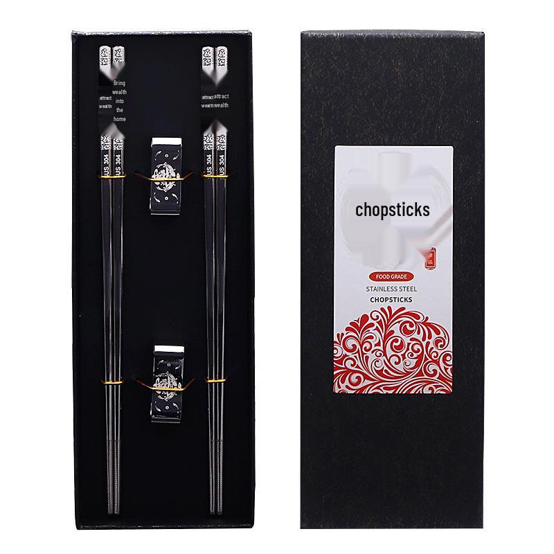 304 Stainless Steel Chopsticks & Rests Gift Set with Laser Black and White Logo