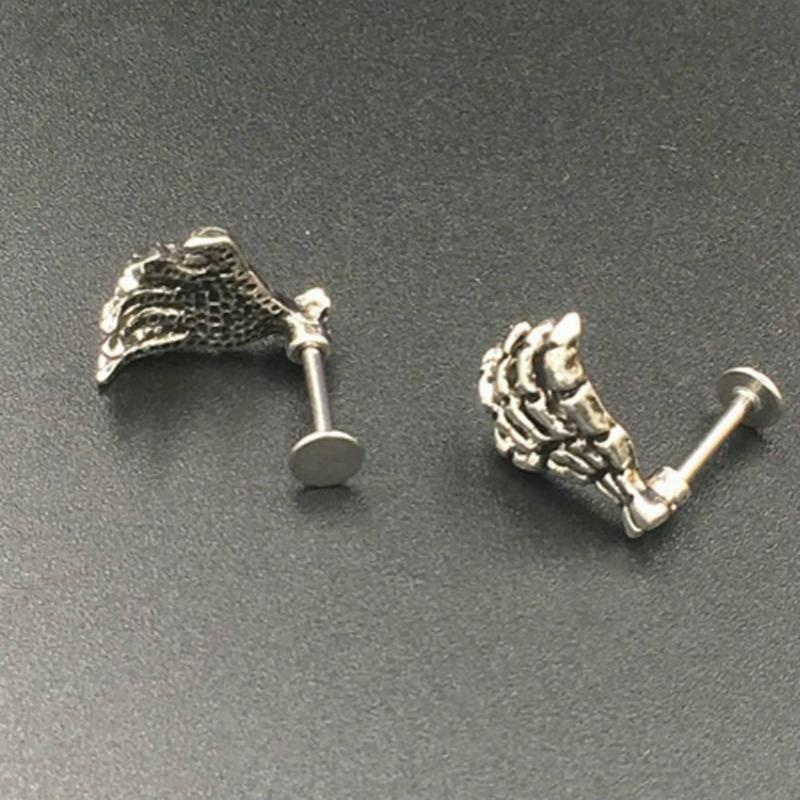 Skull Devil Hand Lip Piercing Zircon Skeleton Labret for Women Men Palm Stud Earrings Christmas Gift Hot Unique Punk Metal 1pc