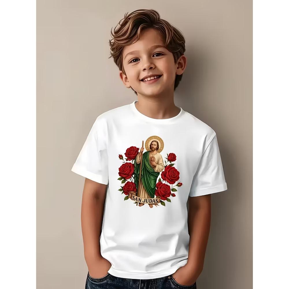 Summer New Red Rose Saint Judas Funny Print Boys Girls Clothes Cotton Casual Childrens Tshirt Fashion Kids Short Sleeved Shirt