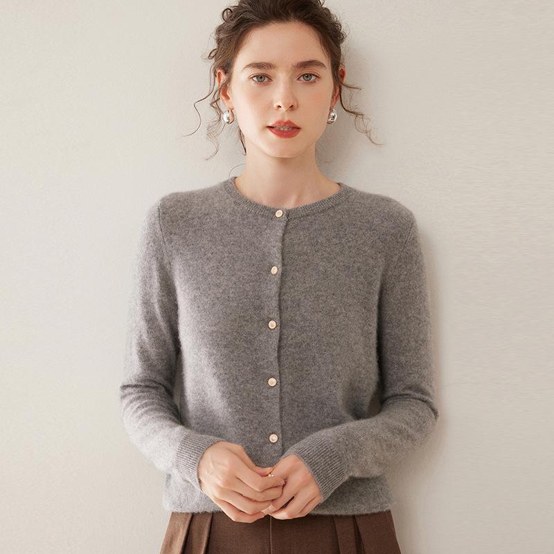 Women's Slim Fit Cashmere Cardigan - Round Neck, Lightweight, Loose Knit Sweater in Solid Color.