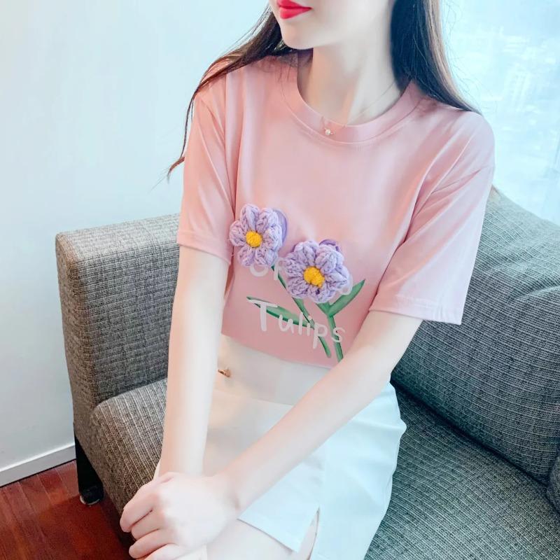 

Spring Summer Women Tulip Print T Shirt 3D Crochet Flower Decoration Casual Crew Neck Short Sleeve Sweet Pink Tee Tops S рожевий