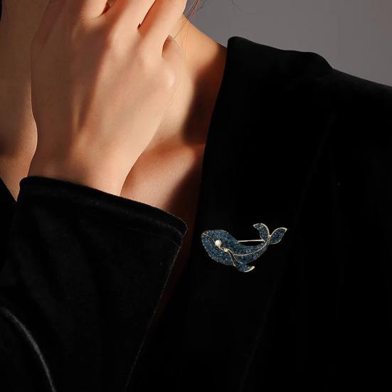 Women Brooch Sparkling Rhinestones Imitation Pearls Decor Whale Design Lapel Pin Sweater Scarf Holder Jewelry Accessories