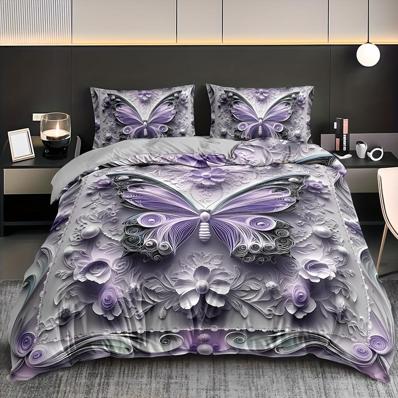 3Pcs Baroque Style Embossed Butterfly Floral Duvet Cover Set, HD Print All Season Bedding with Pillowcases for Home Dorm Decor