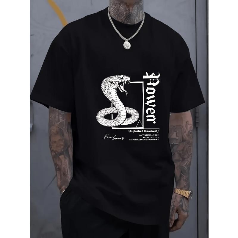 Herren T-Shirt Schwarz Schlange und Kraft Grafikdruck mit motivierendem Zitat Streetwear Freizeitkleidung Rundhals Kurzarm Normale Passform