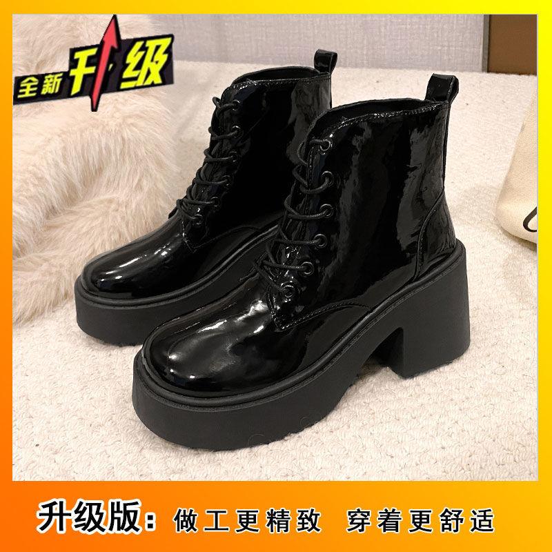 Lace-up Soft Leather Short Boots 2025 Autumn and Winter New Height Increase Small Man Shows Height Thick Heel Temperament Solid Color Thick-soled Mar