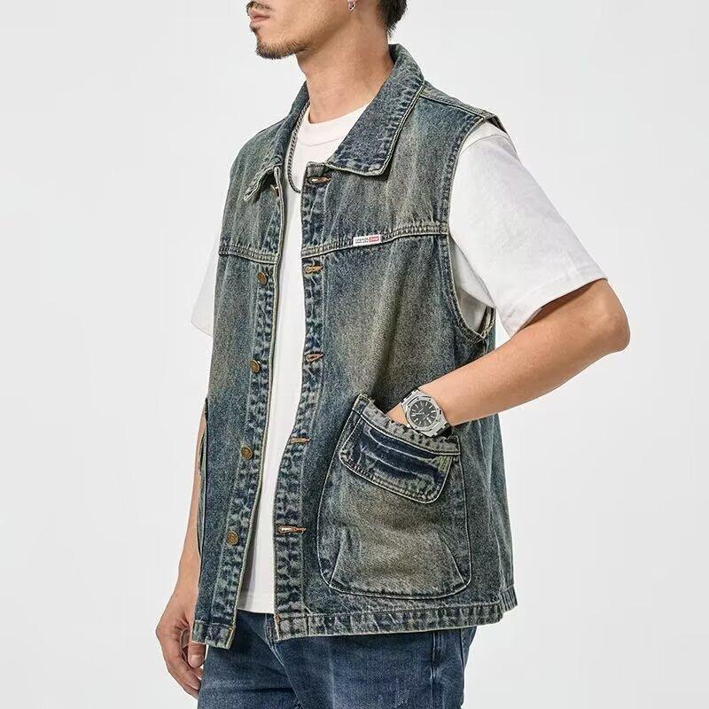 Mens Retro Denim Vest Loose Large Size Sleeveless Casual Work Jacket Vest