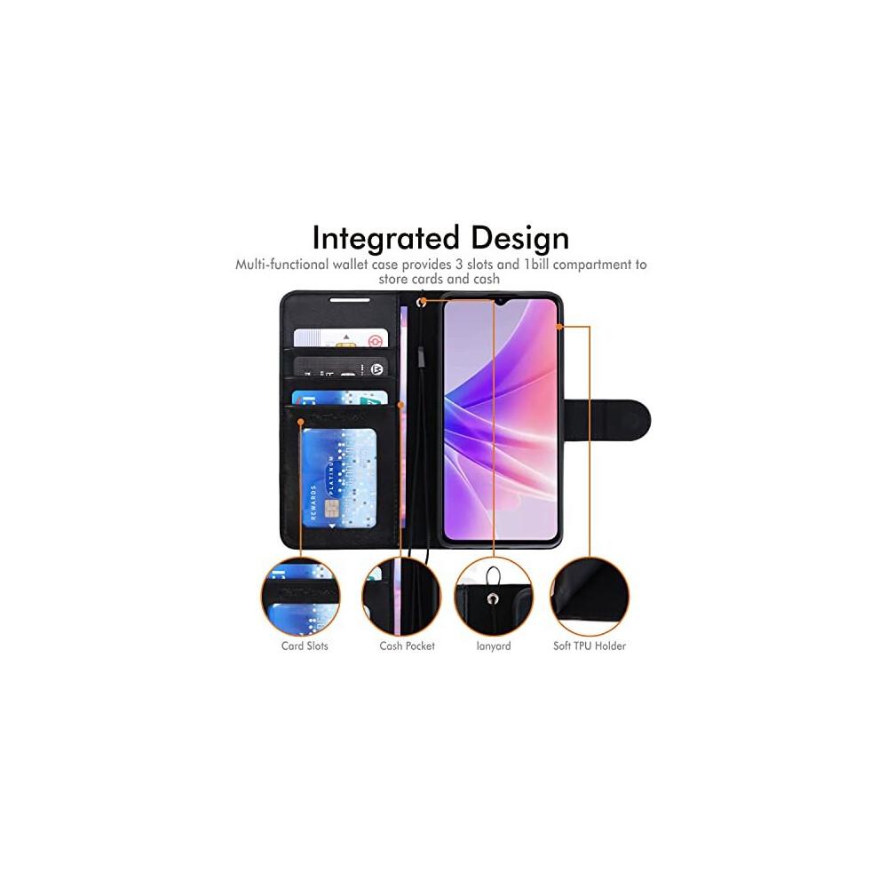 (Schwarz) TECHGEAR Leder Wallet Case für Oppo A57e / A57s / A57 4G, Flip Schutzhülle Cover mit Kartenhalter, Ständer & Handgelenksschlaufe