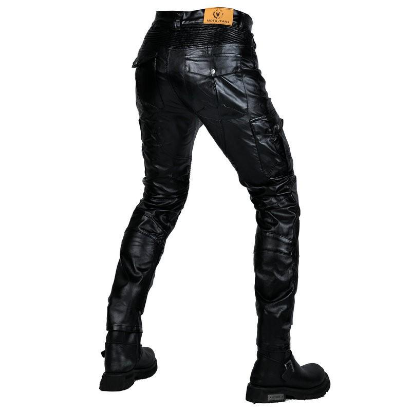 Motorcycle Riding Pants Mens PU Leather Biker Trousers With Multiple Pockets Windproof Waterproof Retro Workwear