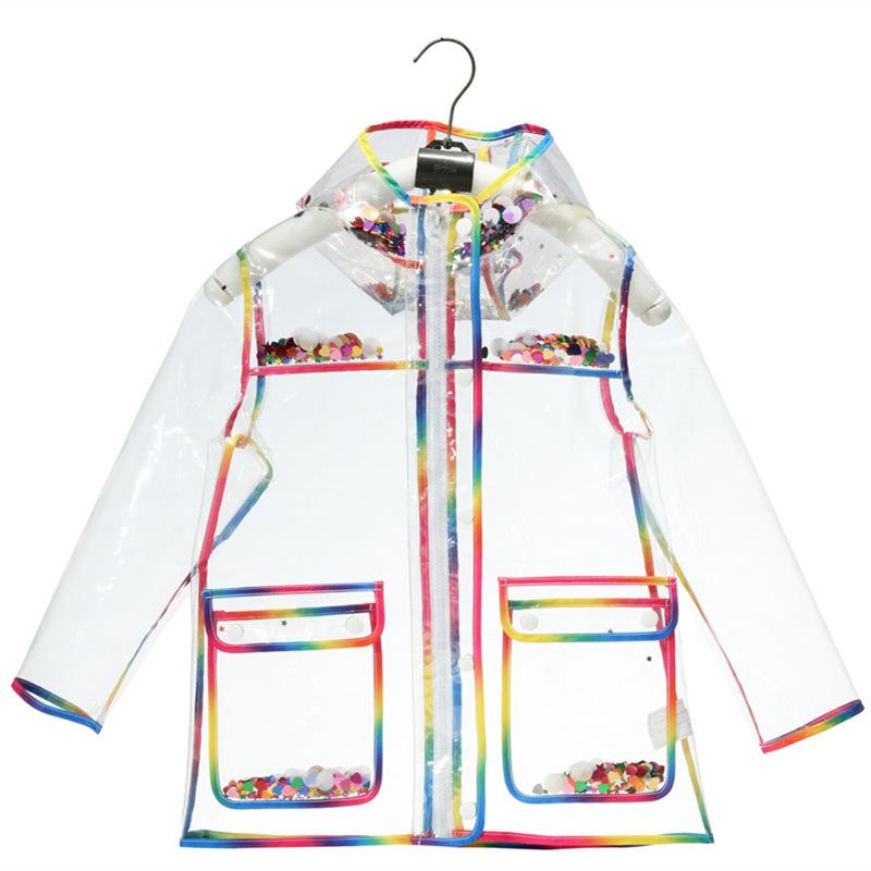 

Transparent Rainbow Colorful Edge Kids Raincoat Waterproof TPU Children Windproof Rain Coat Jacket With Hood Boys Girls Poncho M
