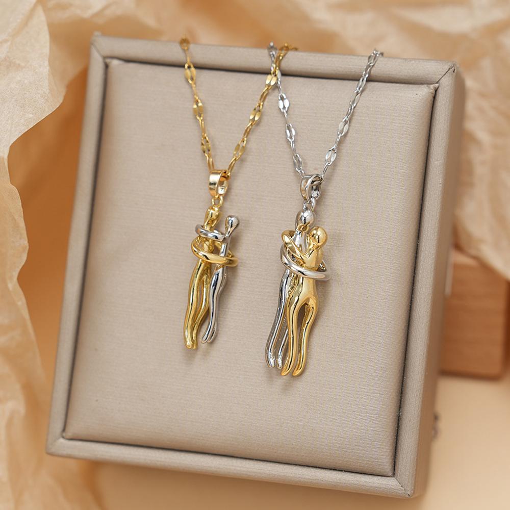 LATS Stainless Steel Couple Hugging Pendant Necklace for Women Men Silver Love Chain Good Friend Gifts Jewelry