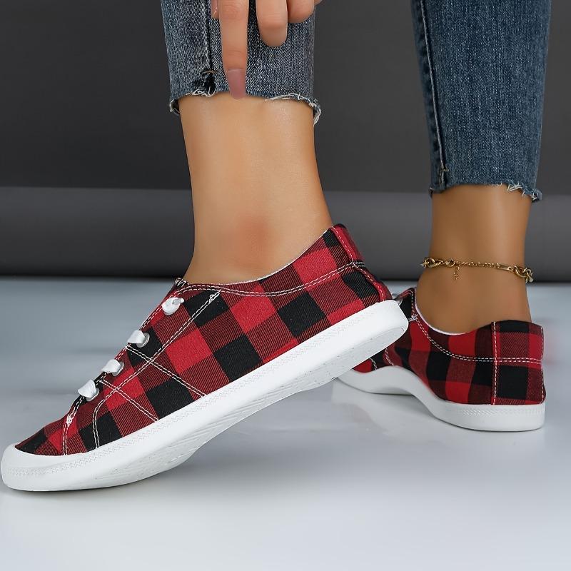 Women's Red & Black Checkered Print Casual Shoes - Breathable Fabric Upper Round Toe Design