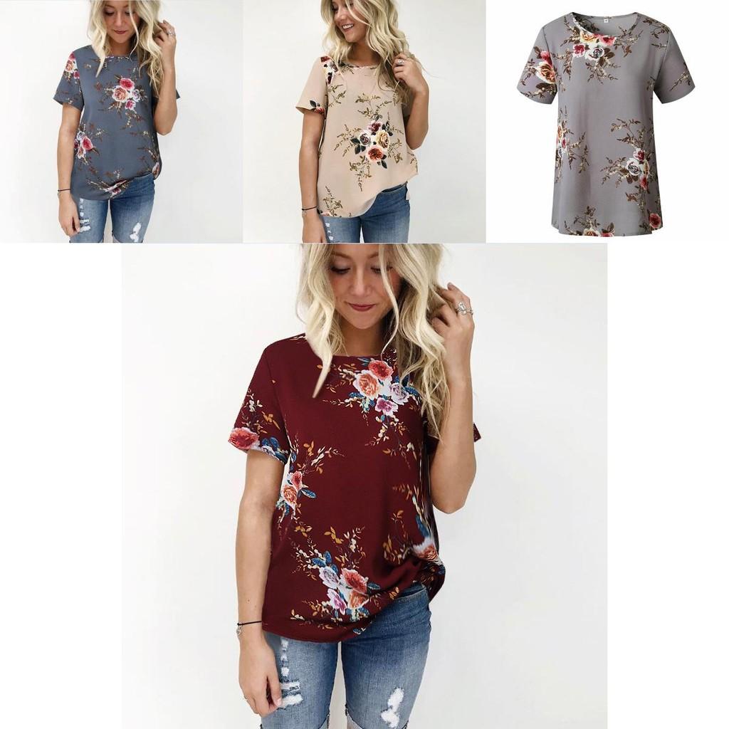 Elegant Summer Women Blouse Floral Print Short Sleeve Loose Casual T-shirt Tops