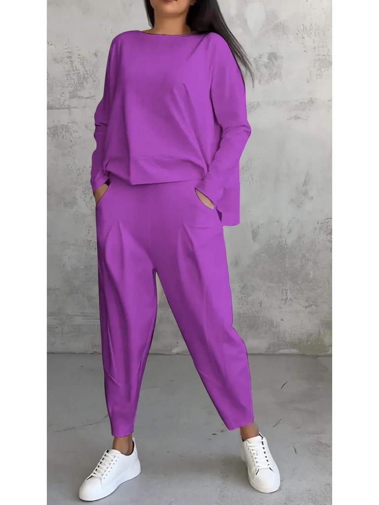 2025 Women's Solid Color Round Neck Long-Sleeved Suit with Pocket Pants - European & American Style