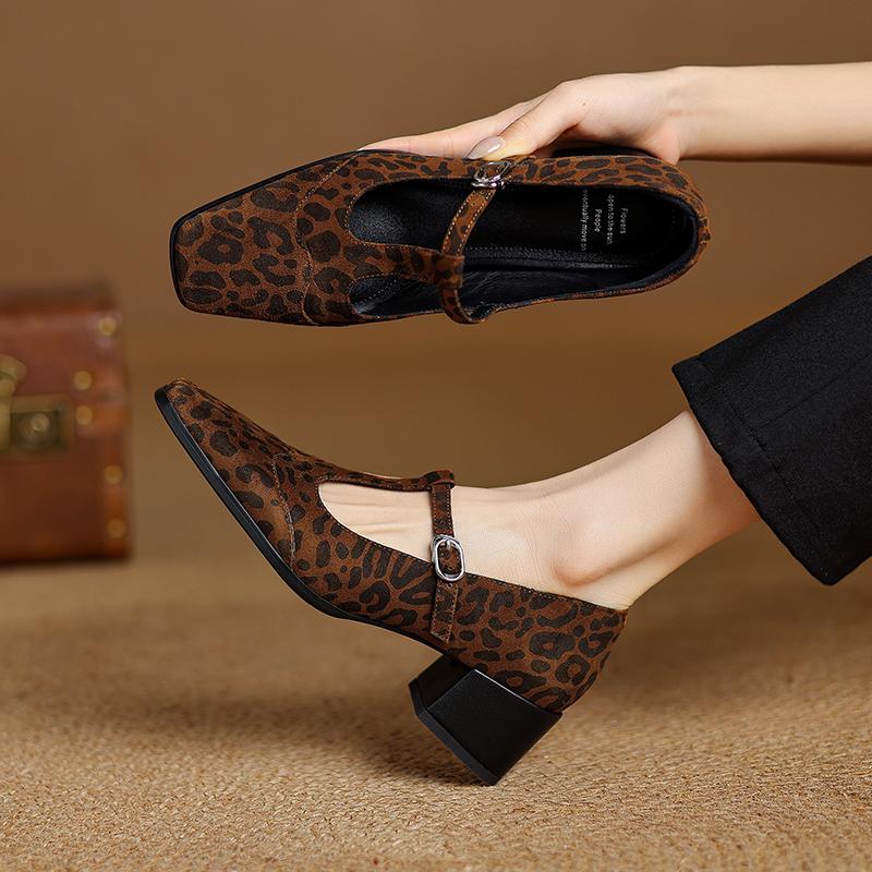 Fashion 2025 Spring Women Pumps Cow Suede Genuine Leather Shoes for Women Pointed Toe Leopard Mary Janes Women Shoes Ladies Shoes