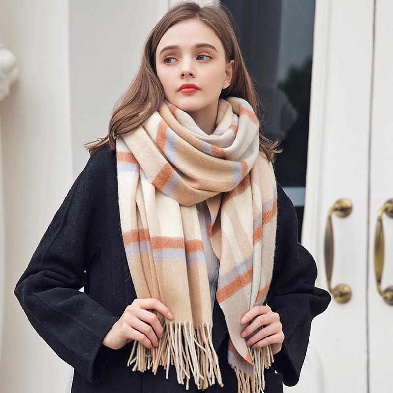 Winter 100% Lamb Wool Scarf Women Luxury Thicken Warm Shawls Wraps Checkered Pashmina Foulard Femme Plaid Cashmere Scarves