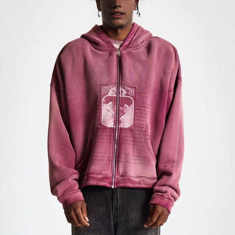 ERD 2026 Washed Distressed Zip-Up Hoodie Men Loose Fit Cotton Pullover With Print