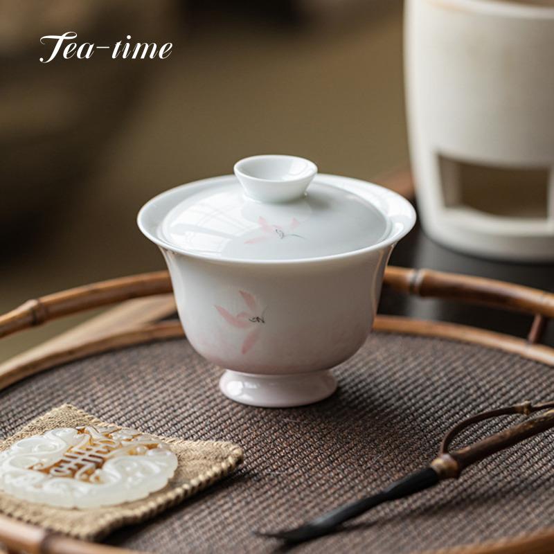Handbemalte Rosa Orchidee Gaiwan Keramik-Teeschale Ästhetisches Chinesisches Porzellan Chawan Weißes Porzellan Deckelschale Teezubereiter Werkzeug