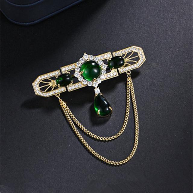 Baroque Women Elegant Retro Emerald Rhinestone Brooches Pins Cross Chains Pearl Badges Suit Jewelry Gathering Party Event Bridal Party Event Wedding