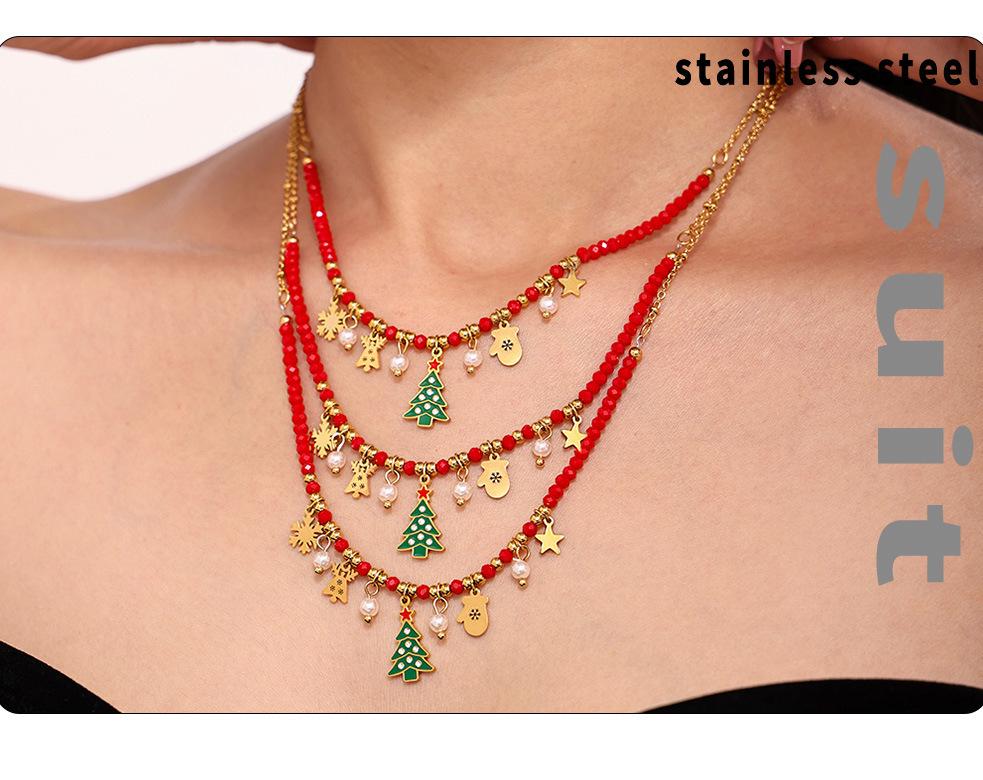Ferris Wheel Enamel Christmas Zircon Tree Pendant Necklace - European & American Light Luxury Stainless Steel Jewelry