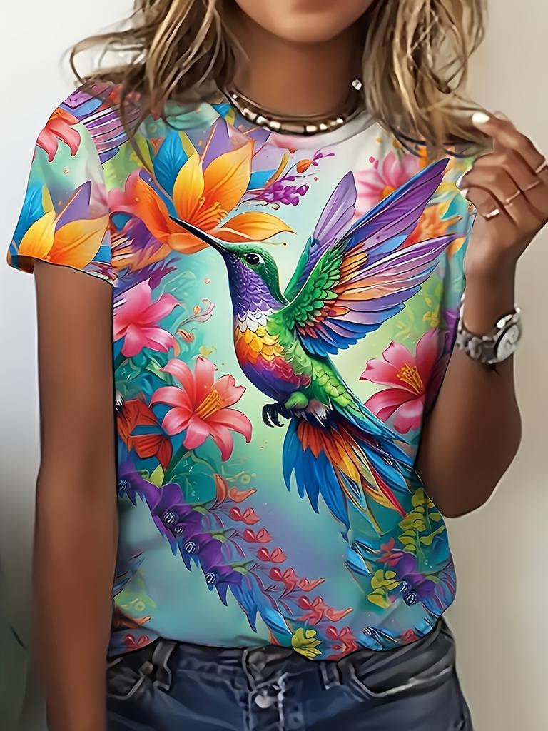 2026 Summer Round Neck Women's T-shirt Fashion 3D Hawaiian Parrot Bird Print Short Sleeve T-shirt Cartoon Casual Top