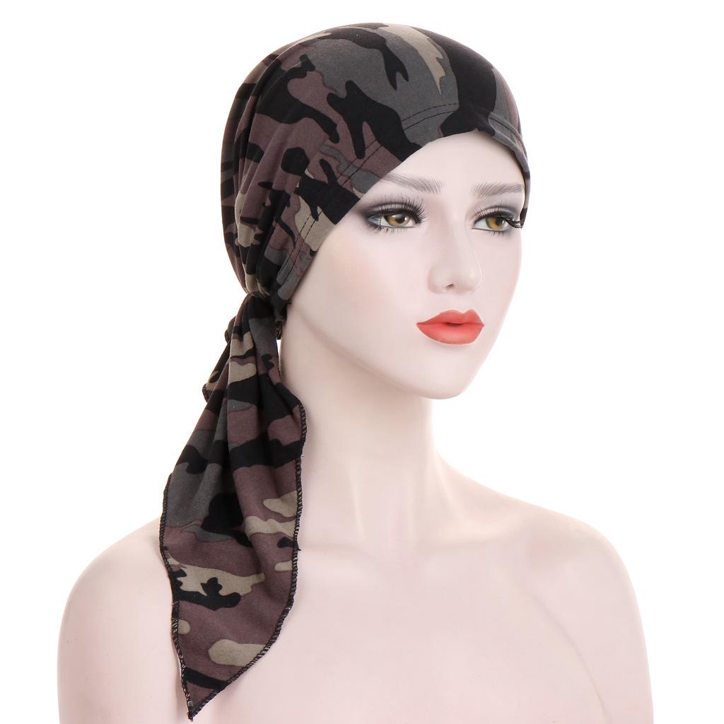 European-American Floral Print Two-Tail Curved Muslim Headscarf Pullover Hat