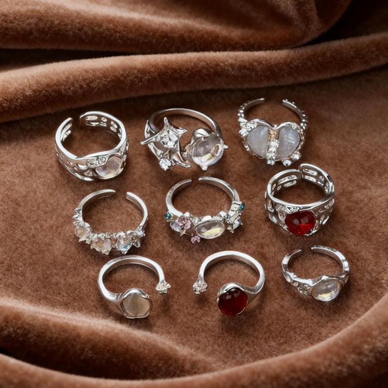 9Pcs Y2K Crystal Heart Open Rings Set For Women Girls Vintage Punk Metal Irregular Geometric Adjustable Ring Trendy Jewelry Gift