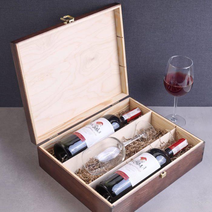 Coffret Boîte Caisse à Vin en Bois Cadeau Marron Brun | Boite Rangement | 3 Bouteilles - CREATIVE DECO