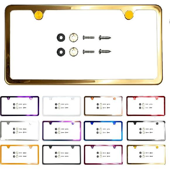 Two Holes Slim License Plate Frame Neo Chrome Aurora Electroplating Burnt Titanium Mirror Chrome Universal Fit Anti Rust Metal Screw On Cap Cover,