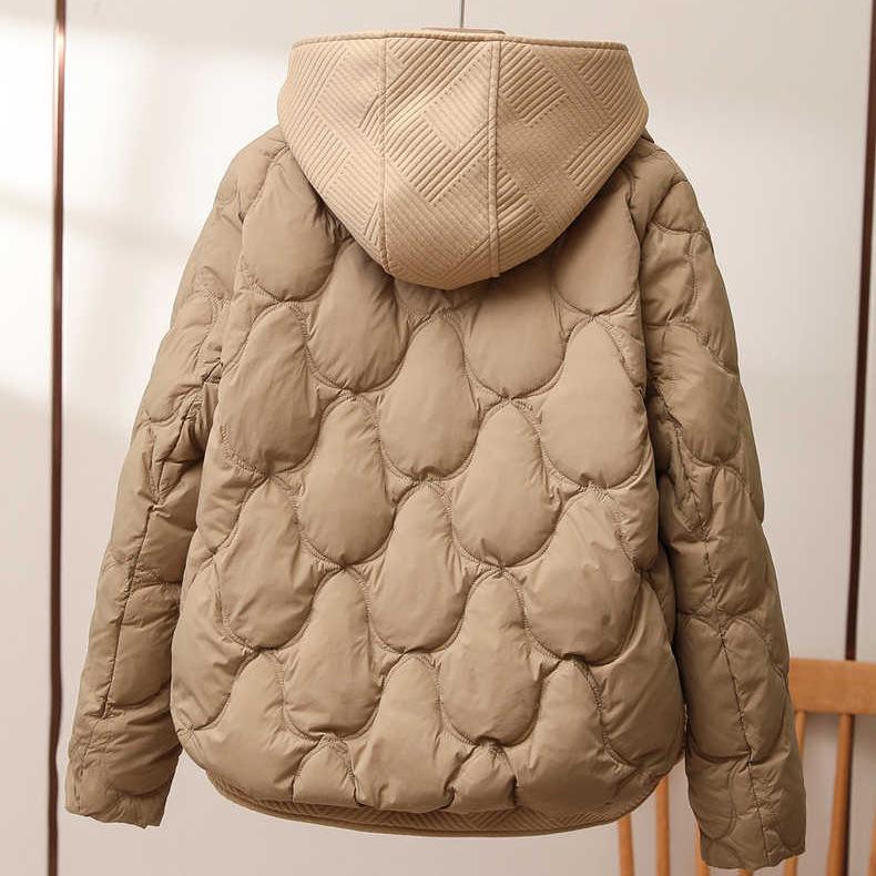Fake two-piece knitted splicing down jacket women's 2024 winter new fashionable high-end hooded white duck down jacket