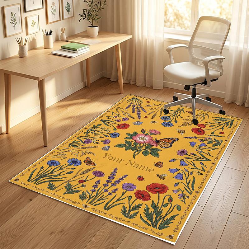 Floral Garden Art Theme Soft Crystal Velvet Rug Custom Name & Text Print Non Slip Floor Rug for Bedroom Living Room