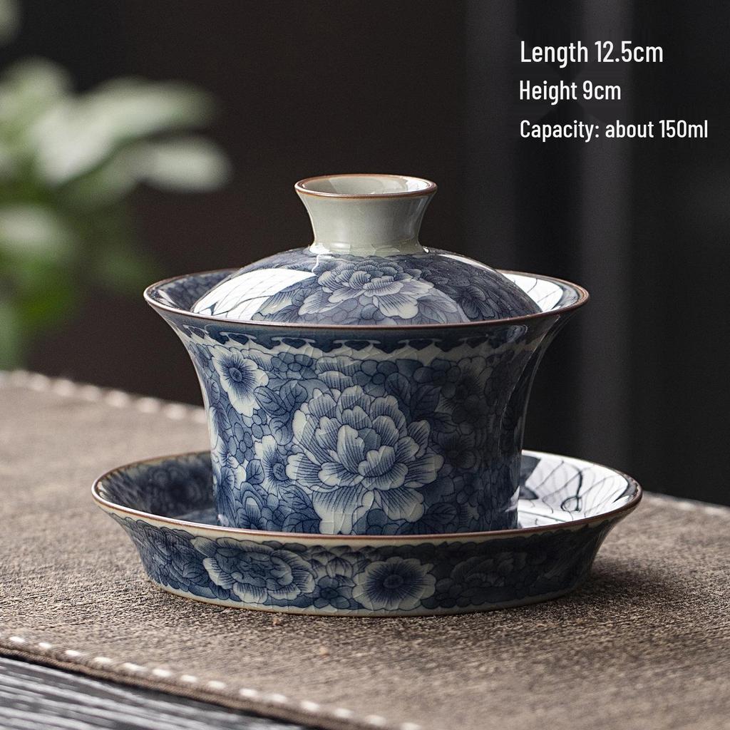 Antique Sancai Blue & White Gaiwan Kung Fu Tea Set: Cultivable Crackle Ceramic Tea Bowl & Large Cup