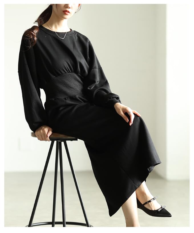 La A Beautiful Silhouette with a Ribbed Waist Dress That Stands Out with Its Fashion Dress In Black or Dark Autumn Cute and Free [sawa Á Mode] Shape.