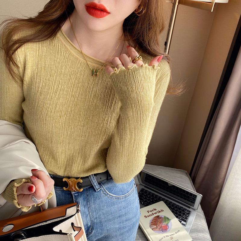Women's Slim-Fit Ruffle Long Sleeve Knit Top for Spring and Autumn