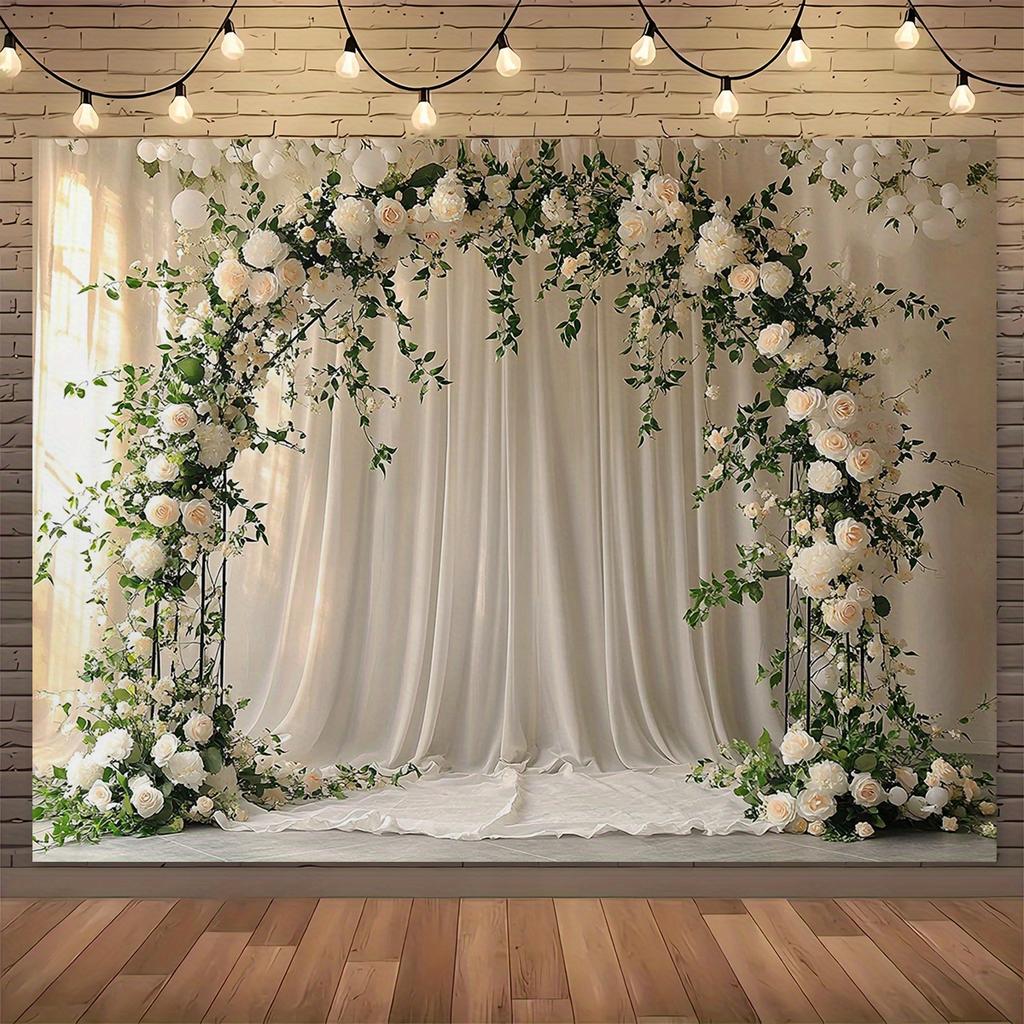 1 arc de nuntă elegant alb suspendat pentru fundal - țesătură romantică din poliester cu trandafiri crem și frunze verzi