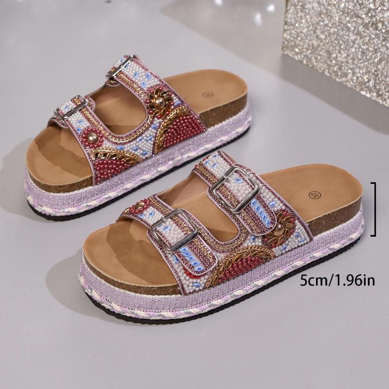 Women's Plus Size Summer Platform Chunky Sole Color Block Rhinestone Double Buckle Cork One Strap Slide Sandals
