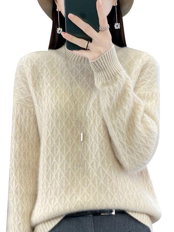 2023 Loose Fit High Neck Wool-Blend Sweater with Diamond Pattern for Autumn & Winter